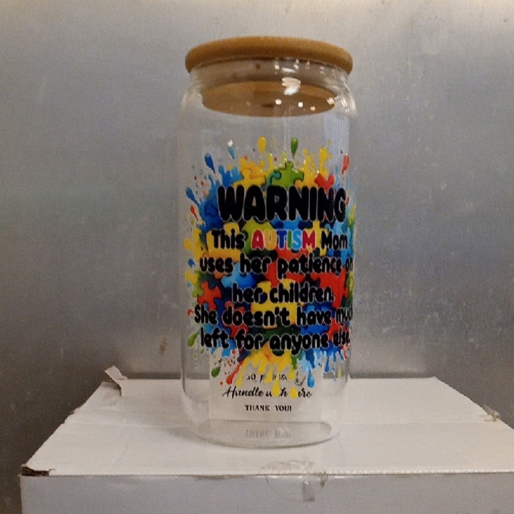 Colorful Autism Awareness drinking glass with bamboo lid